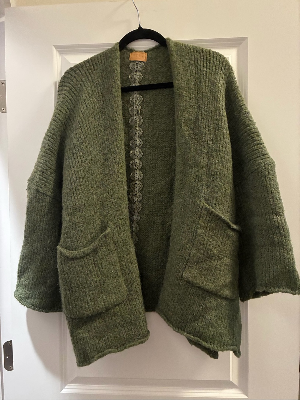 POL Olive Green Open Cardigan with Patch Pockets